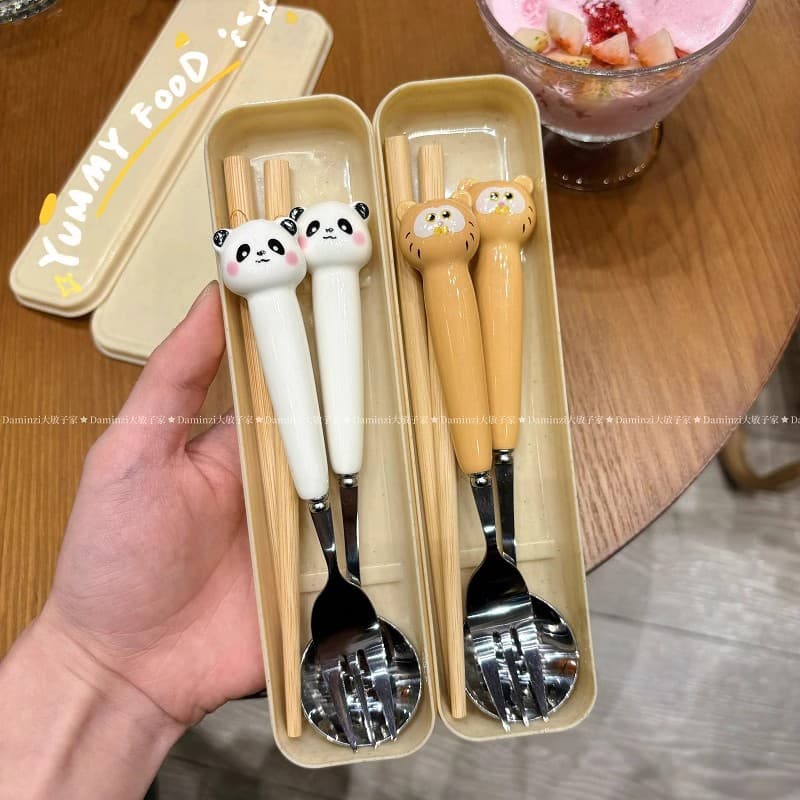 Cartoon Animal Chopsticks and Spoon Set, Portable Single-person Student Stainless Steel Fork and Spoon Cutlery Set