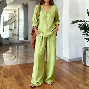 2026 In Stock New Women's Casual V-Neck Long Sleeve Tunic with Long Pants Spring Two-Piece Set for Cross-Border Export