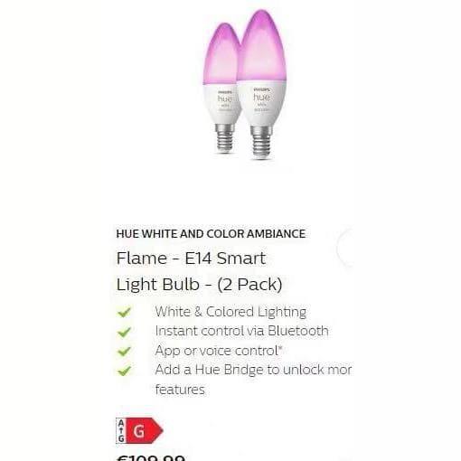 Philips Hue Color Ambiance E14 Bulb, new version with Bluetooth, 2-pack.