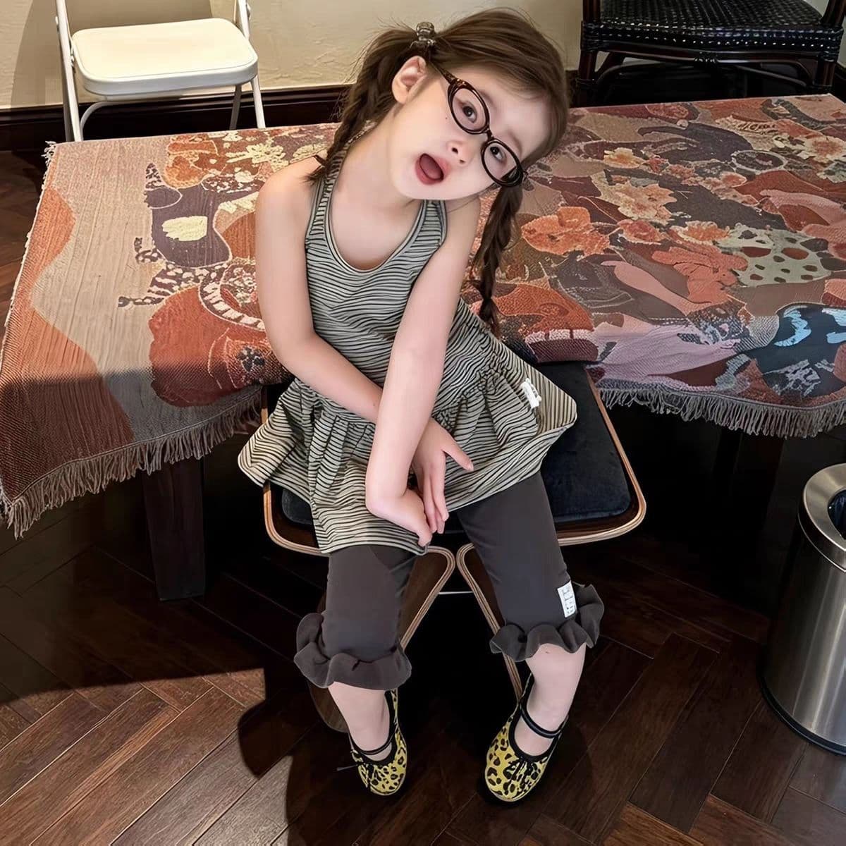 Girls sleeveless T-shirt 2026 summer new style girls casual striped suspender ruffle vest super fashionable top t