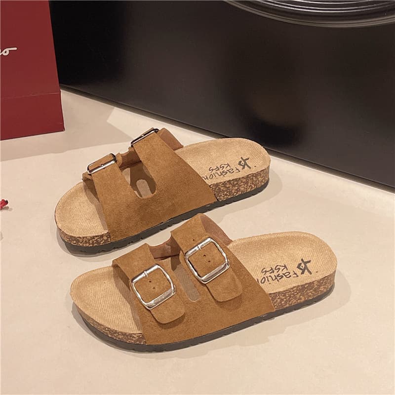 2025 Summer New Versatile Birkenstock Shoes Men Women Couple Outdoor Thick Cork Sole Sandals Double Buckle Casual Slippers