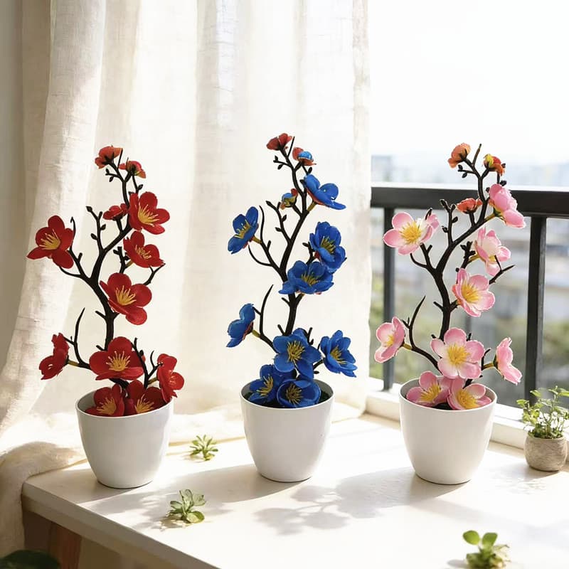 New round pot small plum blossom bonsai home living room decoration simulation plant potted bed and breakfast bedroom layout small flower pots