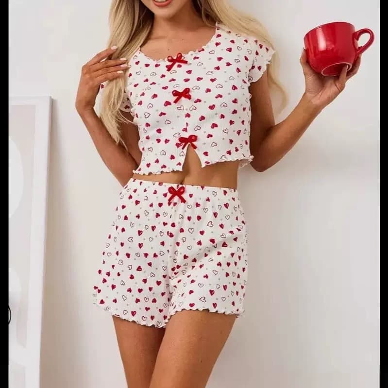 2025 New Printed Home Clothes Curled Heart Pajamas Women's Two-Piece Home Clothes Heart Print 1008