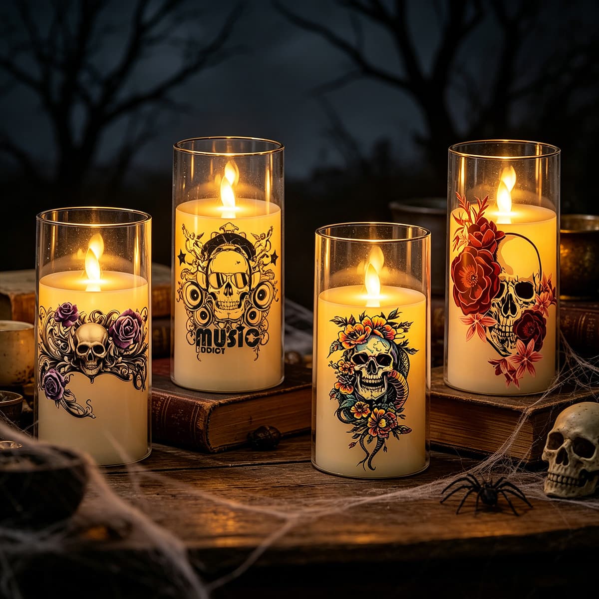 Custom Printed Halloween LED Electronic Candle Light Pumpkin Skull Witch Atmosphere Decoration Ornament