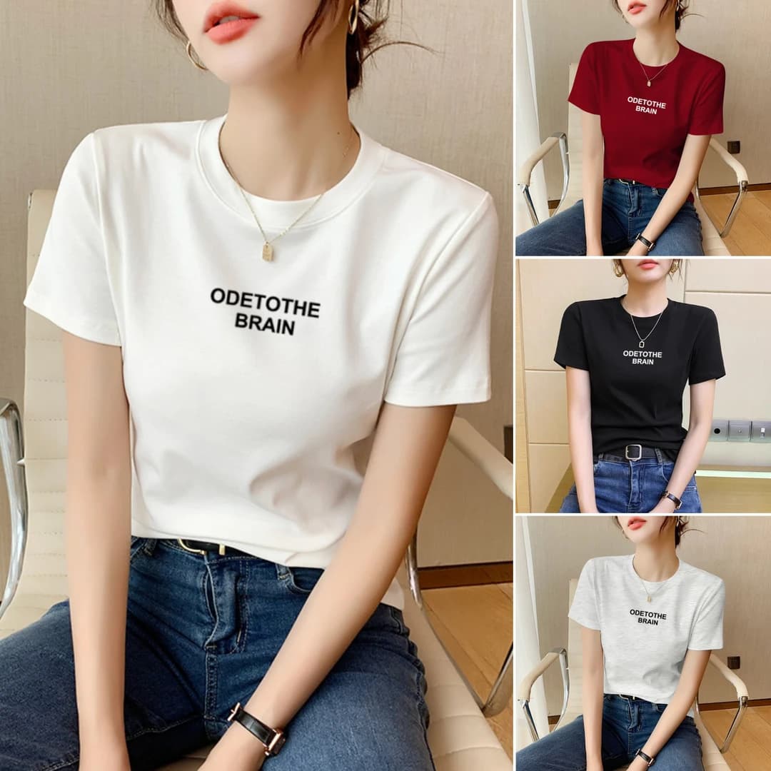 ODE 2025 Summer New Short Sleeve T-Shirt Women Letter Print Round Neck Versatile Slim Fit Half Sleeve Stylish Top