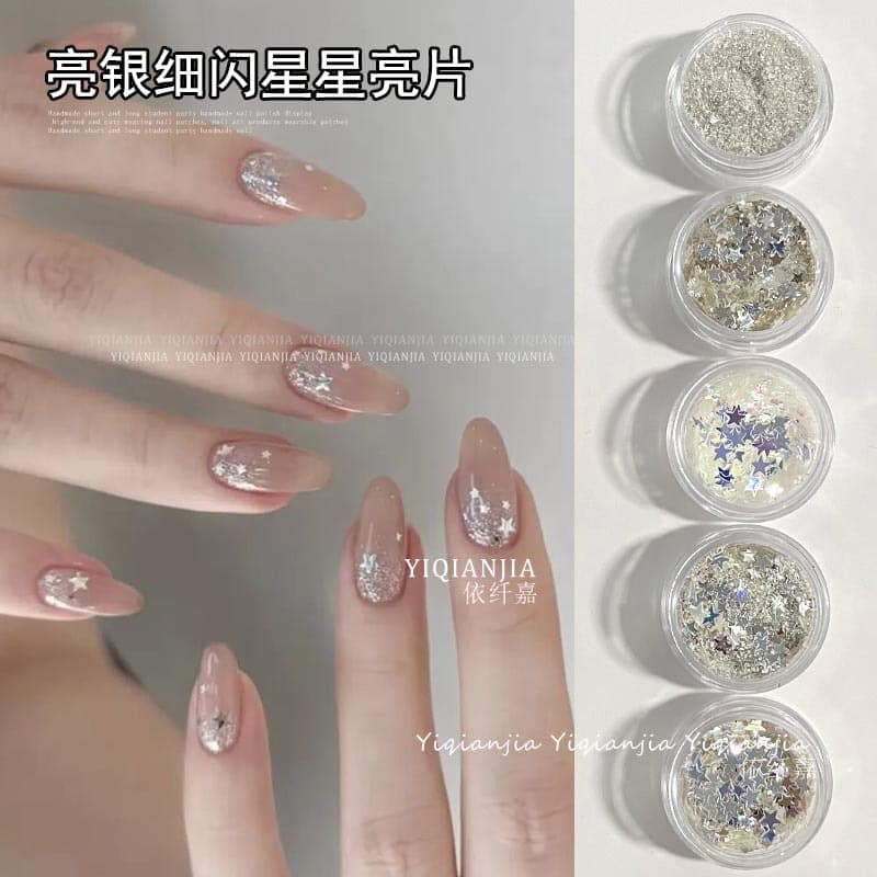 Nail Art Star Sequins, Viral Hot-Selling Mixed Sizes Silver Five-Point Stars, Mini Ultra-Thin Nail Decals