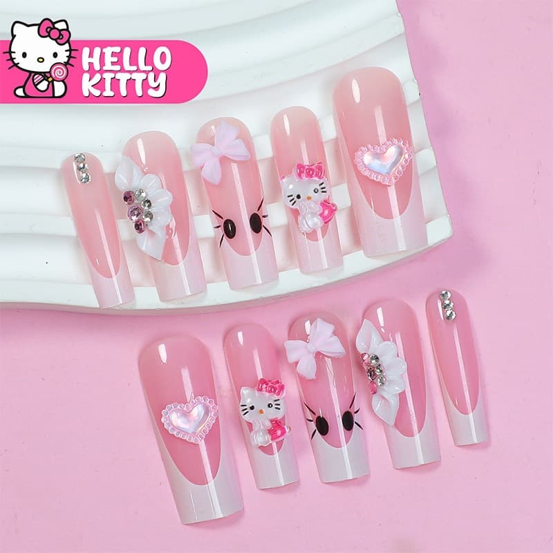 New European and American Style Kitty Cat Bow Wearable Nails Long Rhinestone Heart Cute Exquisite Nails Wholesale for Export