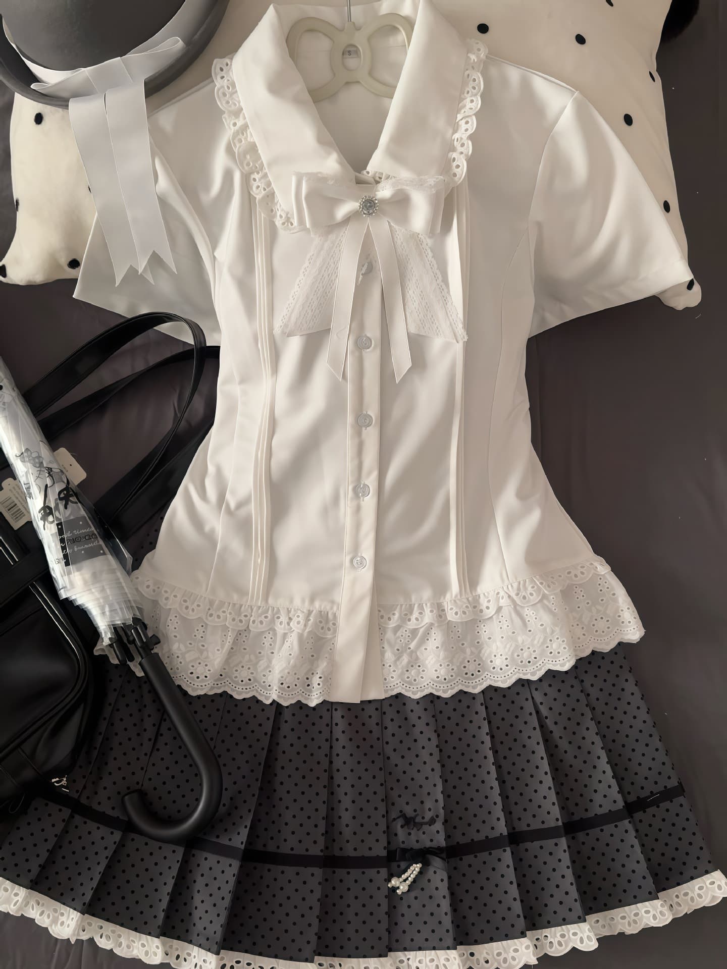 Hatsumachino original jk small flower bud long-sleeved college style lace shirt top gray polka dot skirt suit for women