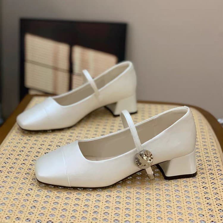 Korean Style Chunky Heel Fairy Mary Jane Shoes for Women 2026 New Spring Square Toe Versatile Mid Heel One-Strap Buckle Flats