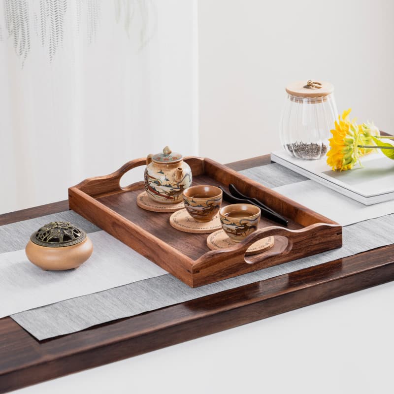 Factory Wholesale South American Walnut Rectangular Tea Tray with Handle Japanese Hotel Restaurant Serving Tray Wooden Tray