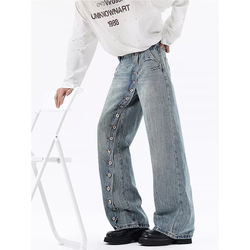 High-Street Fashion Slanted-Button Flared Jeans for Men, American Street Style Lightning Wash Relaxed Fit Slimming Straight-Leg Pants