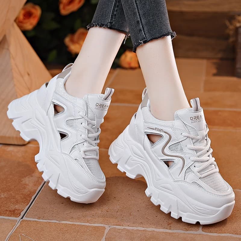 Mesh Inner Heightening Dad Shoes for Women Breathable 2025 Summer New Thick-Soled Hollow Casual White Shoes Sneakers