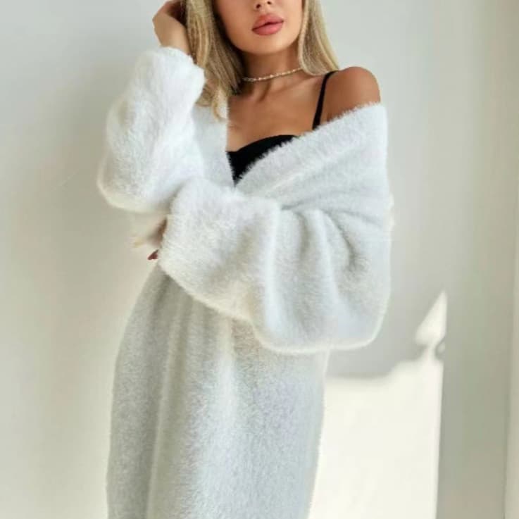 White Long Plush Cardigan Women's Lazy Style Sweater Jacket