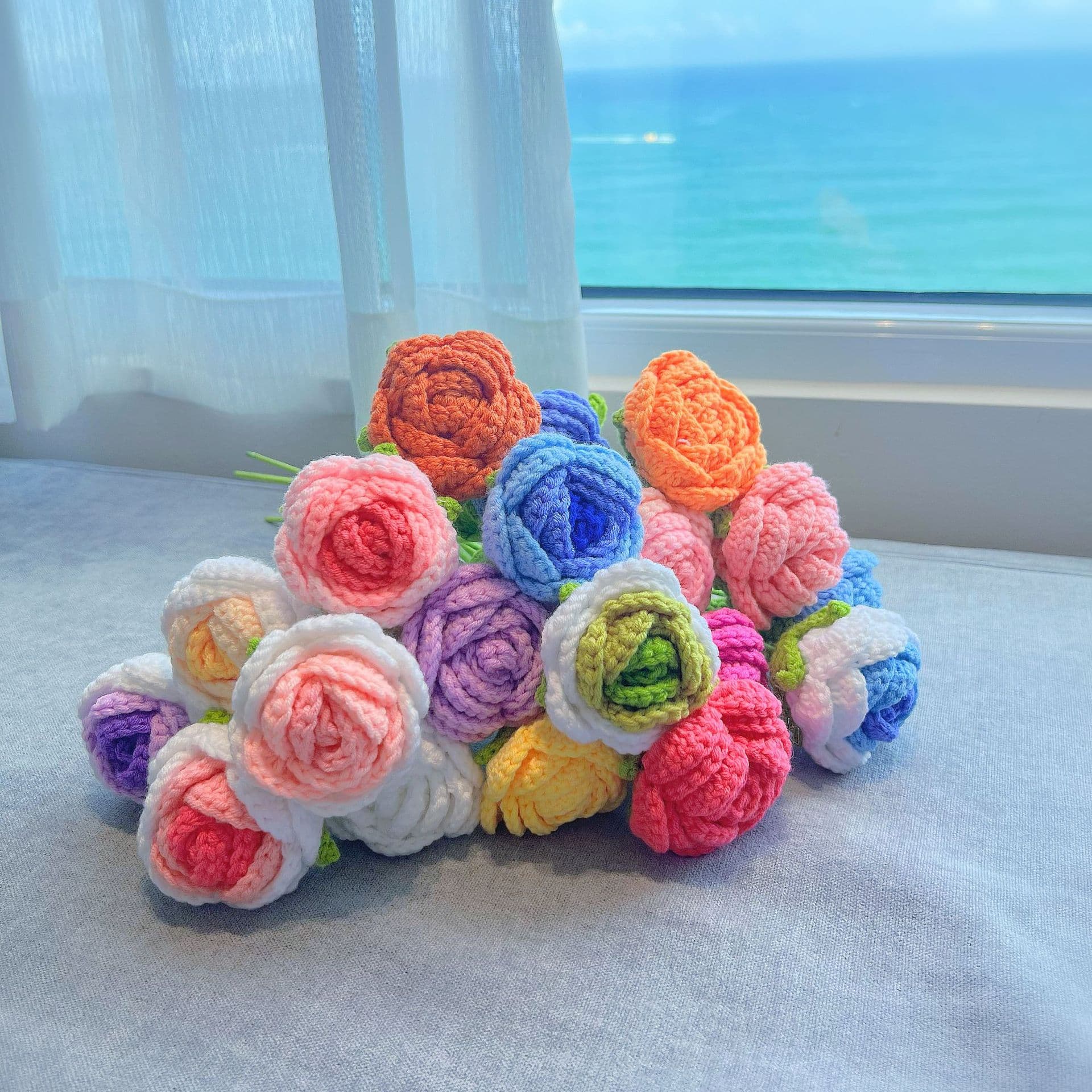 Finished Handwoven Rose Artificial Flowers, Woven Flowers, DIY Crochet Knitted Self-Made Hook Flower Bouquets