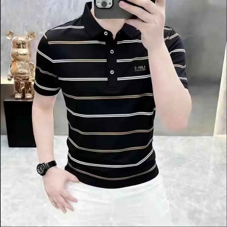Striped Short Sleeve Men's Polo T-Shirt, New Business Casual Cool Cotton Turn-Down Collar T-Shirt, Mature Man Half Sleeve T