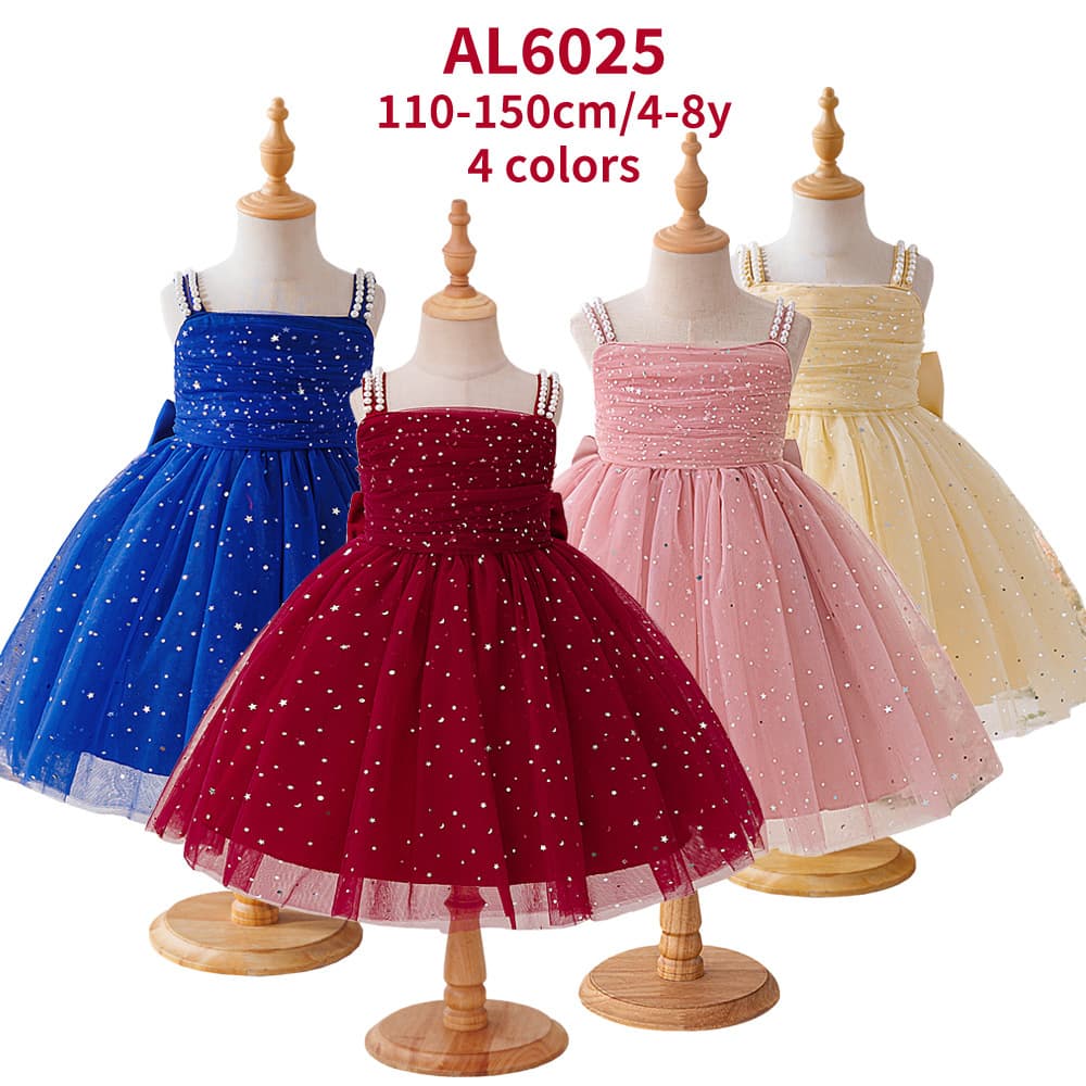 New Girls' Dress Star Sequins Gown Beaded Strap Children's Tulle Tutu Princess Dress Performance Costume