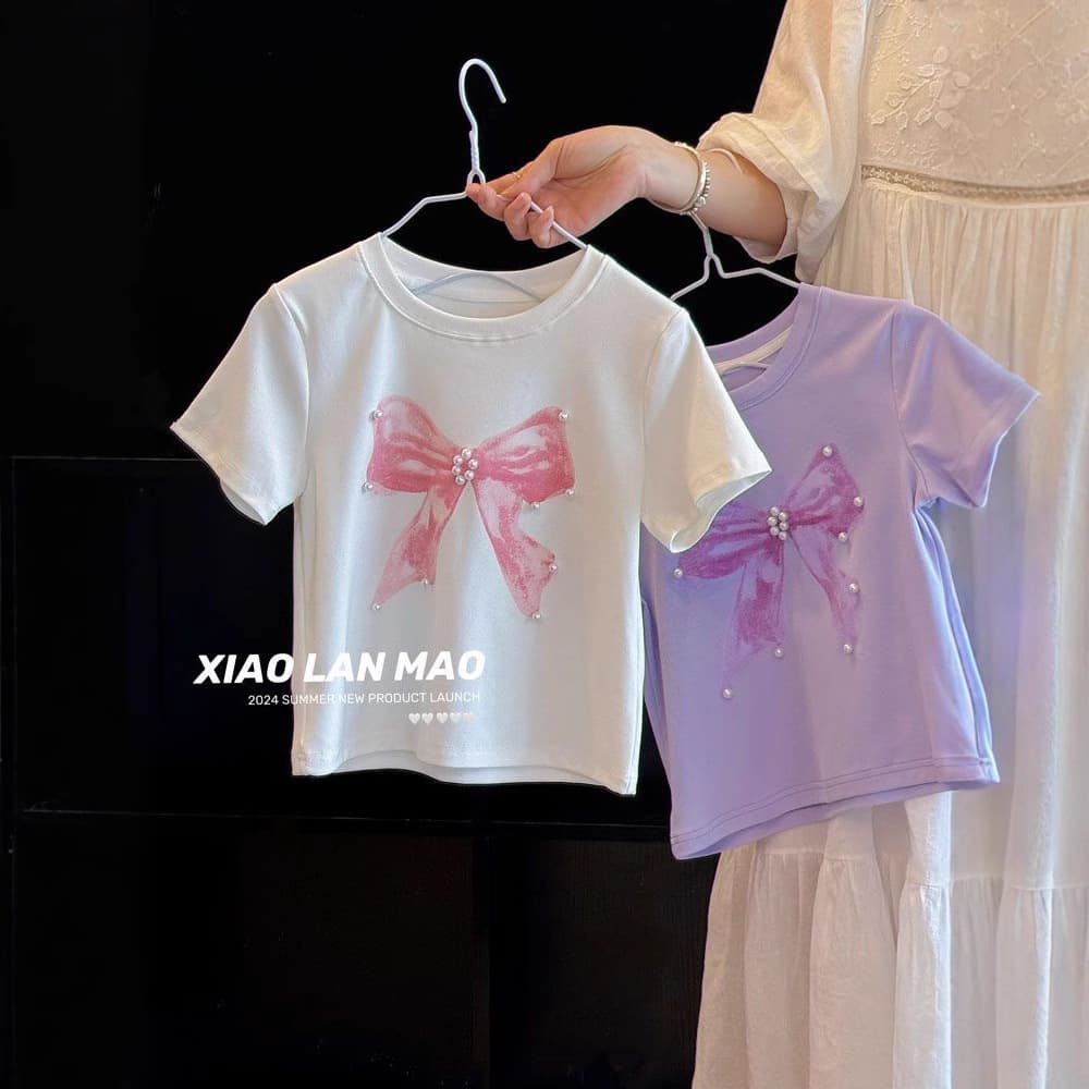 Girls' Short-sleeved T-shirt Summer 2025 New Stylish Bow Children's Fashionable Top Girls' Casual Base Shirt