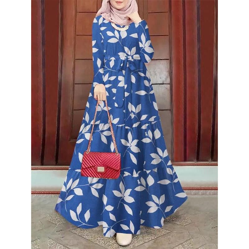 Cross-border Hot Selling Abaya Women Floral Print Belted Waist Slimming Elegant Dress