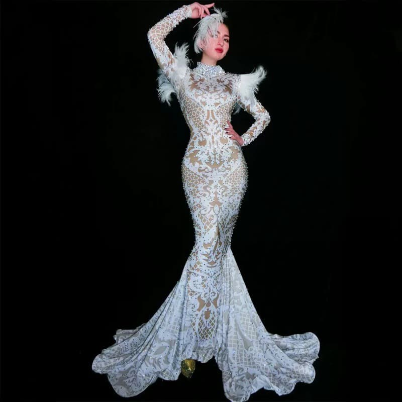 Sexy Mesh Rhinestone Dress Hollow See-Through Slim Fit Long Gown Evening Dress Stage Performance Costume