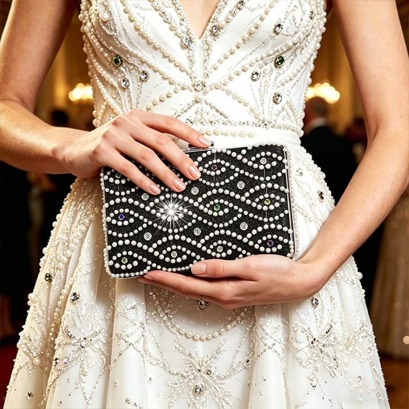 Wave pearl encrusted diamond dinner bag, one-shoulder cross-body bag for women, ladylike temperament dress bag, fashionable clutch chain bag