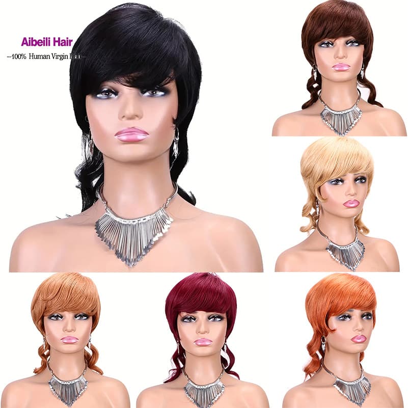 Real Human Hair Short Pixie Cut Full Lace Wig with Bangs, Straight Blonde Hair