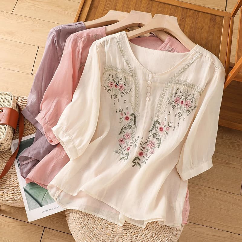 Summer New Cotton Linen Short Sleeve Top Pullover Embroidered Chinese Style Women's Loose Fitting Slimming Cotton Linen T-Shirt Versatile Blouse