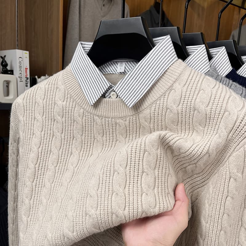 550g wool sweater for men, thickened shirt collar, trendy cable knit casual loose warm fake two-piece knit sweater