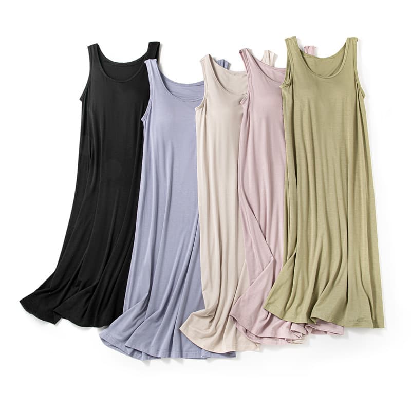 Women's Summer Home Nightdress with Built-in Pads, Bra-Free, Sleeveless, One-Piece Vest Dress, Knee-Length, Comfortable Loungewear