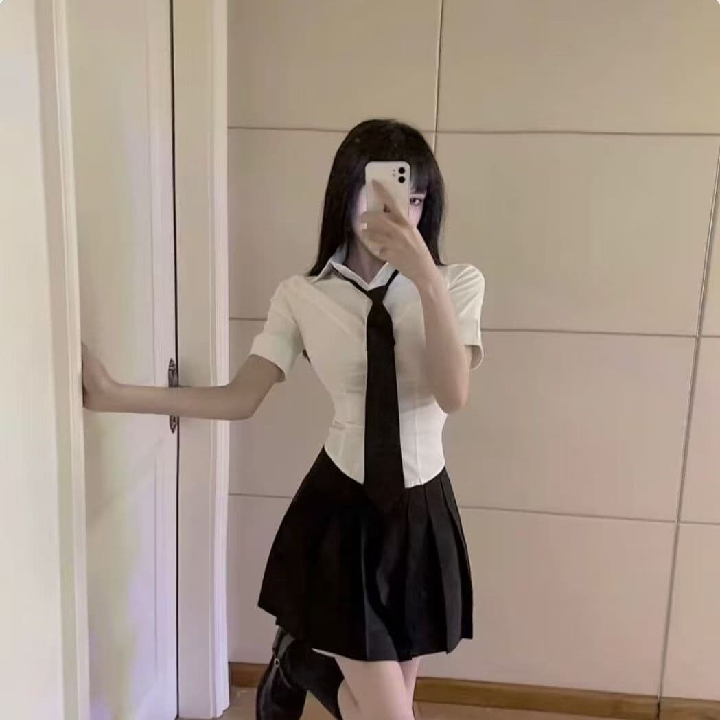 Pure Desire Style JK Uniform Waist-Cinching Shirt Sweet Spicy Academy Style Original Long Sleeve Short Skirt Set Slimming Hot Girl Top Women