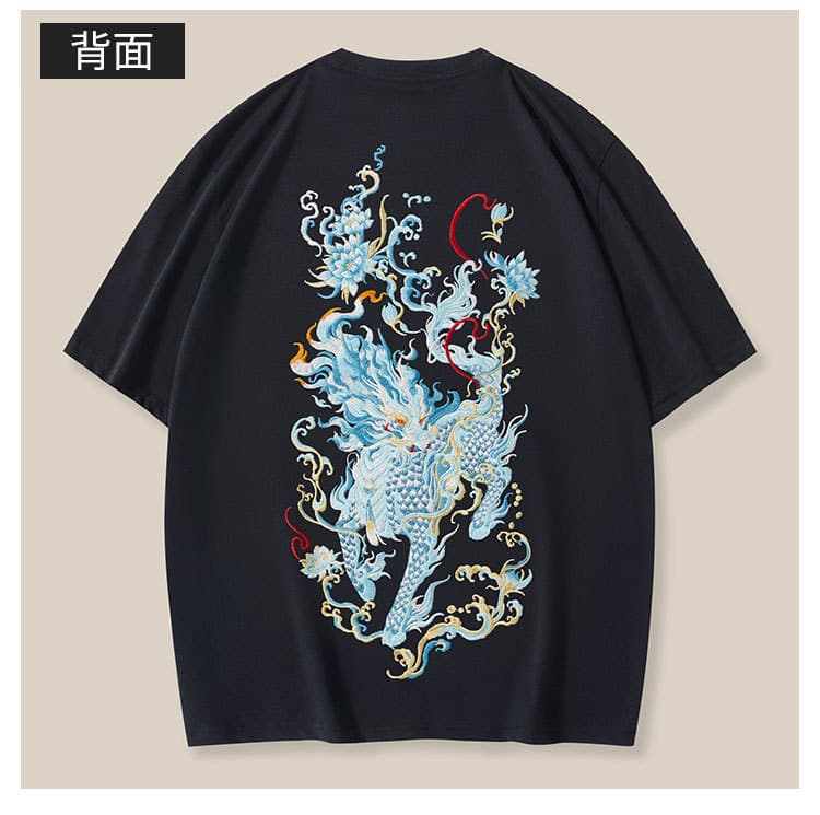 New Short Sleeve Men's T-Shirt Qilin Embroidery Pure Cotton Loose Plus Size Guochao Loose Men's Wear Crew Neck Half Sleeve Wholesale