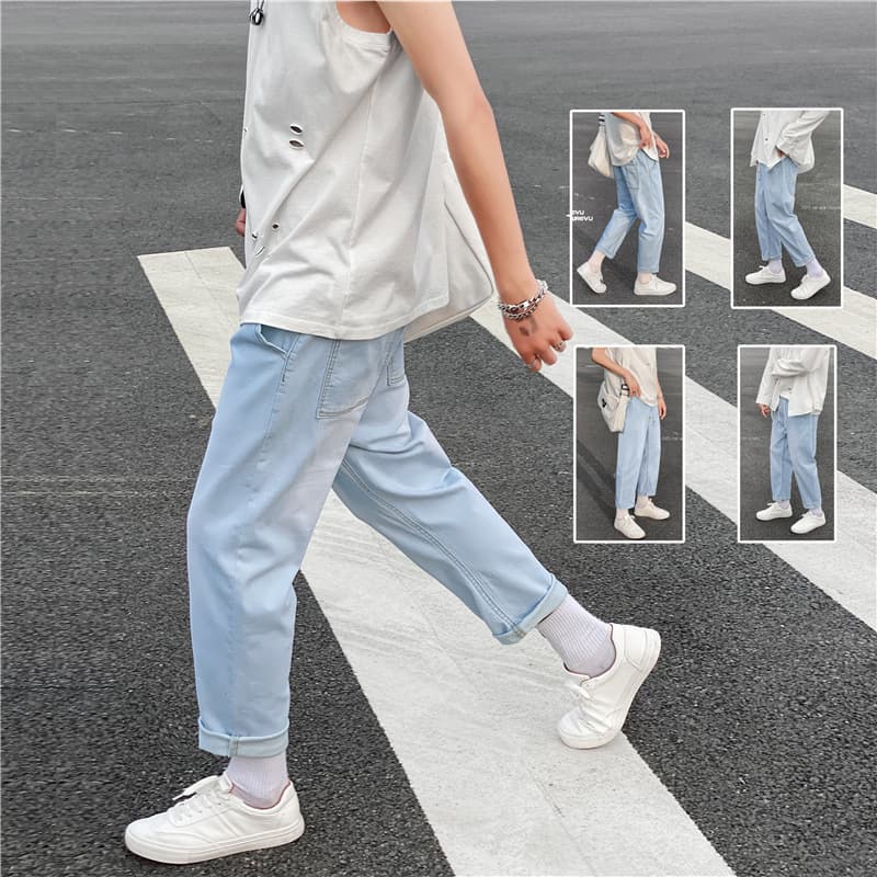 Drawstring jeans for men, loose straight leg dad trousers, trendy autumn Hong Kong style nine-point trendy light blue boyfriend pants