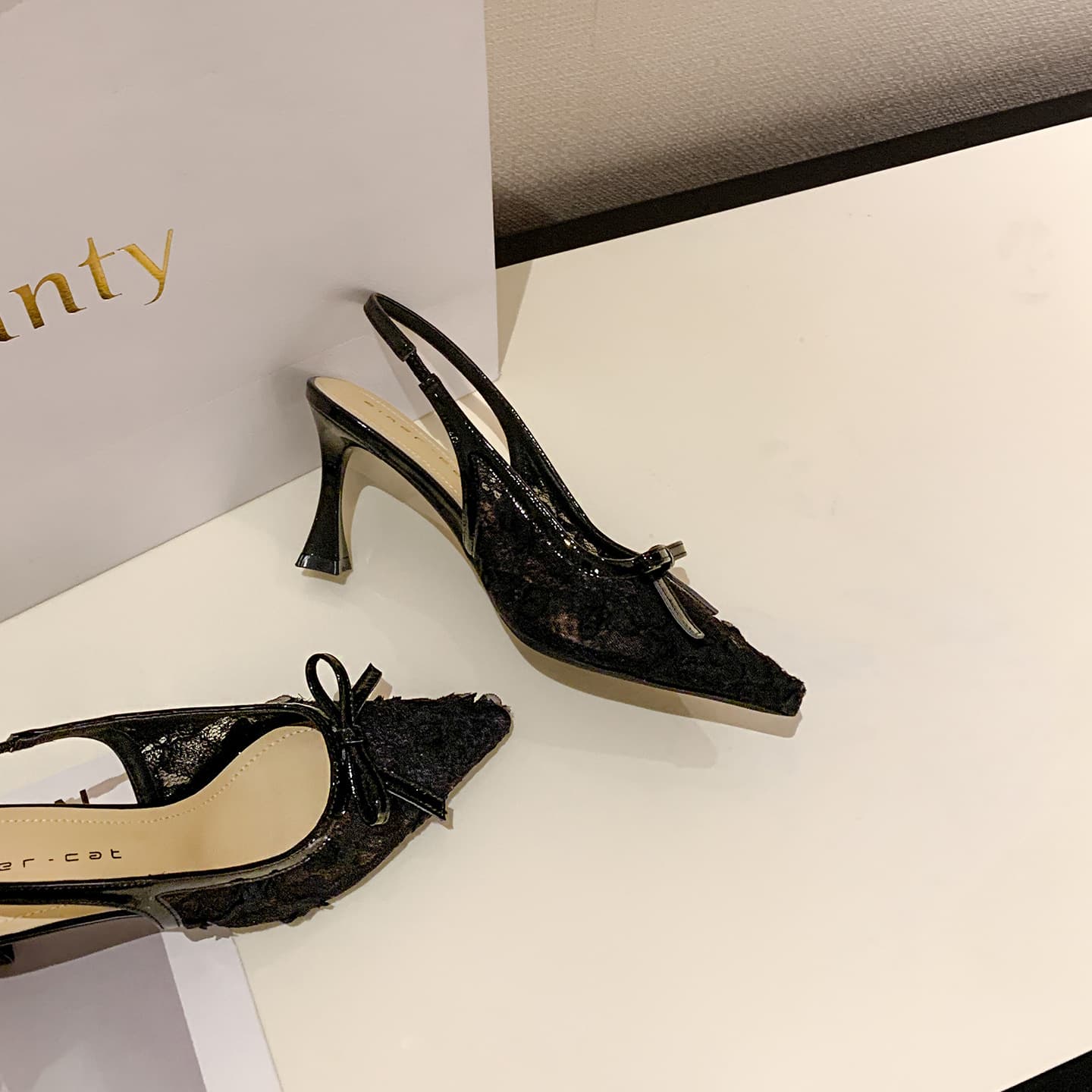 76601 High Heel Women's Thin Heel 2026 New Pointed Toe Open Back Mesh Sandals French Lace Bow Shoes