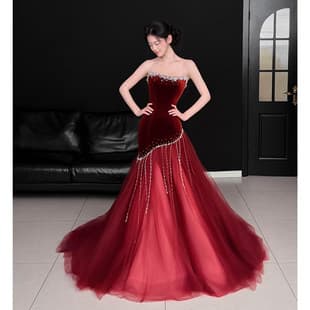 Red Strapless Evening Gown 2026 New Style Light Luxury Bride Engagement Wedding Toast Dress Banquet Host Dress