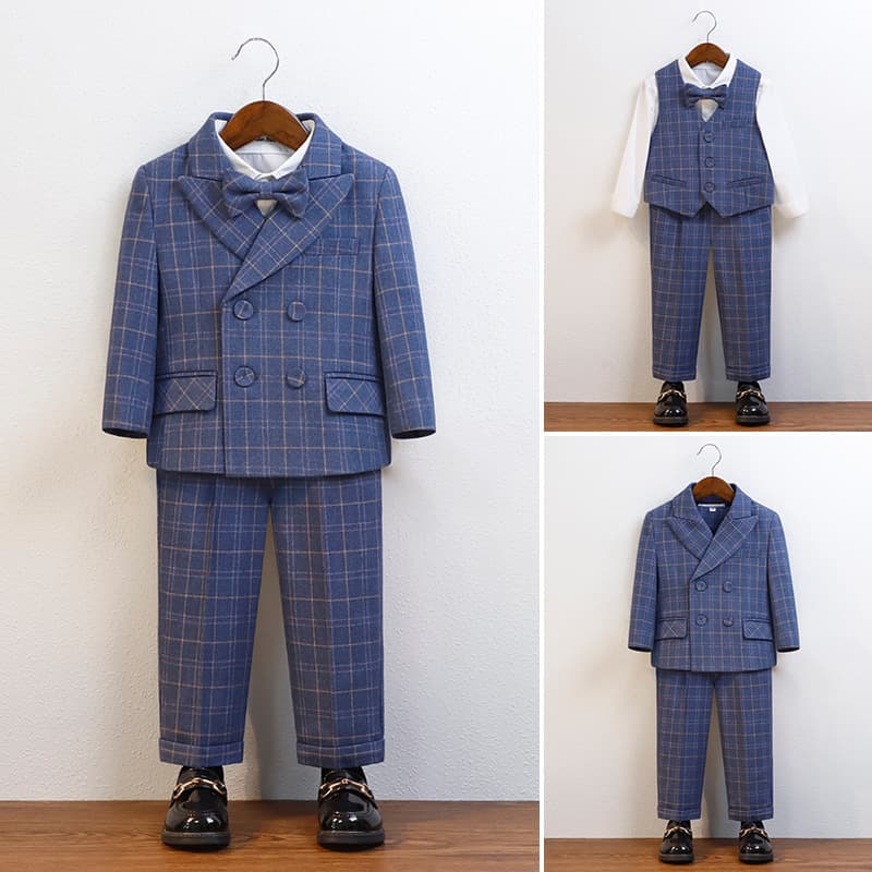 Boys' Suit, British Plaid Kids' Suit, Baby Boy Wedding Flower Boy Tuxedo, Boy Host Photography Performance Outfit