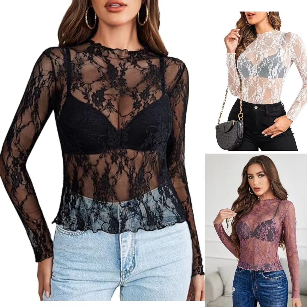 Women's Long Sleeve Lace Shirt Transparent Floral Lace Top U-neck Geometric Pattern Street Style Spring 2024 Sexy Trendy