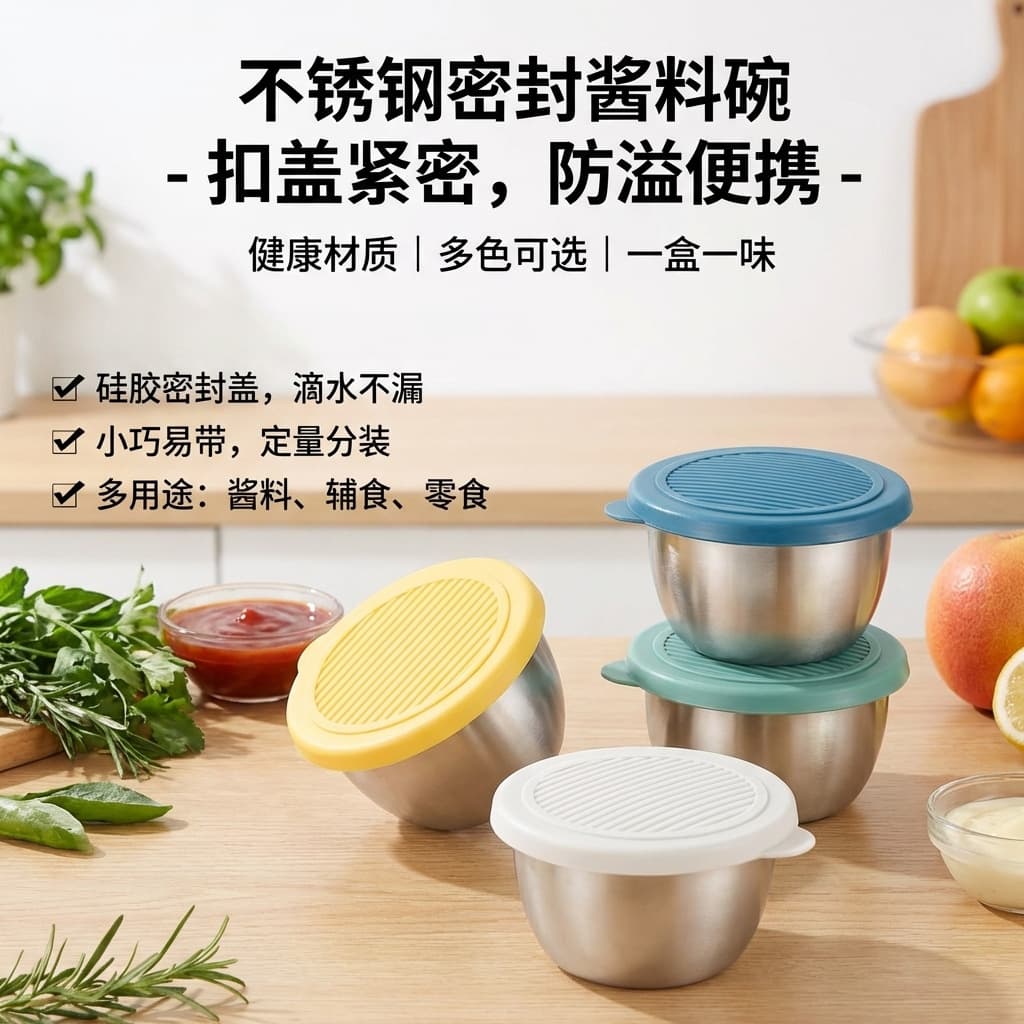 Thickened Stainless Steel Sauce Cup with Silicone Lid, Salad Dressing Mustard Ketchup Container, Korean-Style Dipping Bowl Seasoning Dish