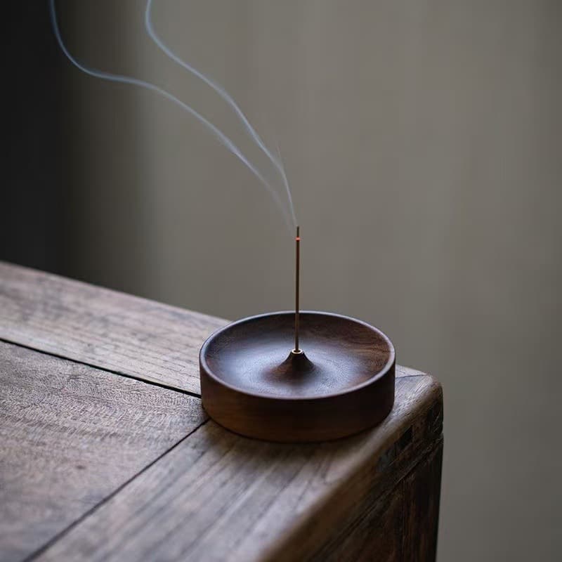 North American Black Walnut Solid Wood Incense Stick Holder, Handmade Tea Ceremony Round Incense Burner Base for Agarwood Tray