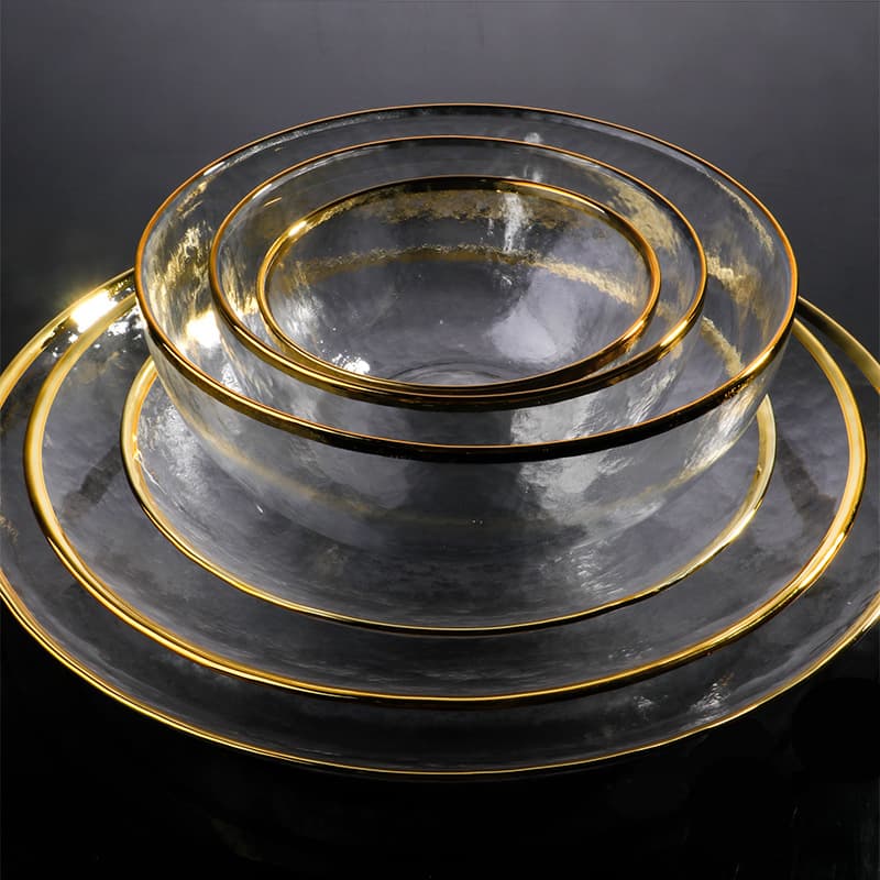 Gold Rim Glass Plate, Japanese Cold Pattern Bowl, Household Heat-Resistant Glass Bowl for Fruits, Vegetables, Desserts, and Salads, Glass Tableware