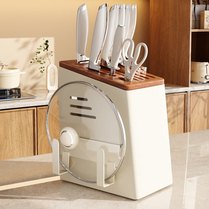 Solid wood kitchen multifunctional storage rack, mid-century style countertop, knife holder, cutting board, integrated chopstick cage, spoon storage rack