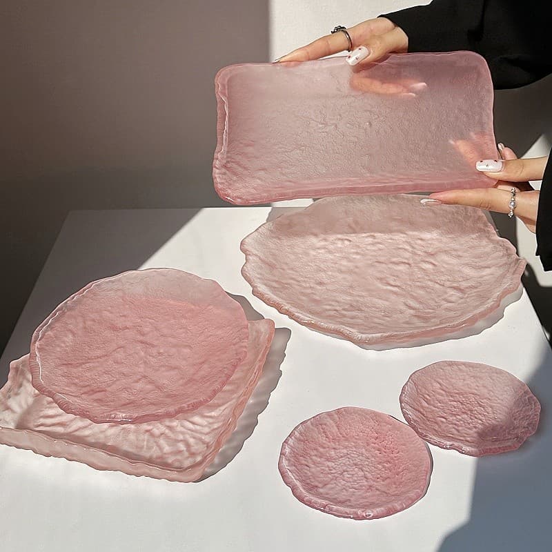High-end pink irregular ice dew glass plate home dessert plate fruit plate round dessert tray tableware