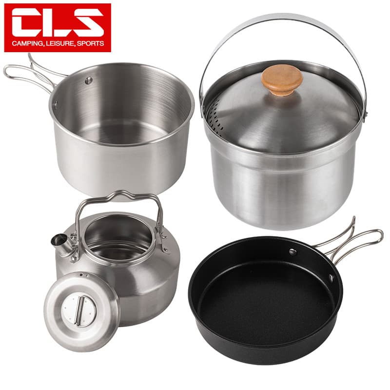 CLS Outdoor Pot Set Camping Stainless Steel 4-Piece Cookware Kettle Frying Pan Cooking Pot Self-Driving Tour Portable Camping Set