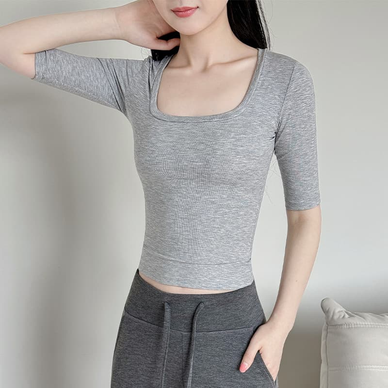 Gray Lyocell U-neck short-sleeved women's summer new hot girl American basic base top slim-fitting shoulder T-shirt