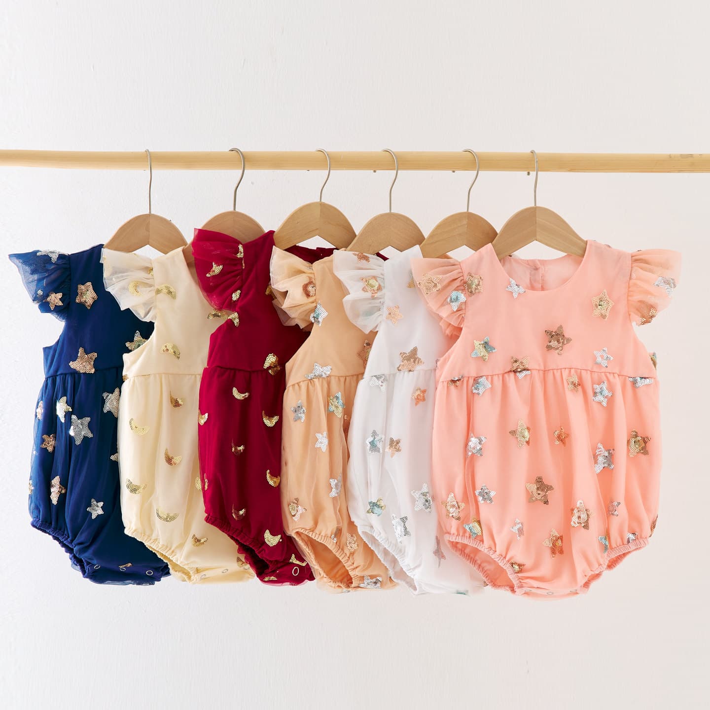 Fashionable baby bag embroidered with stars and moon, short-sleeved skirt, thin dress, princess skirt, baby jumpsuit