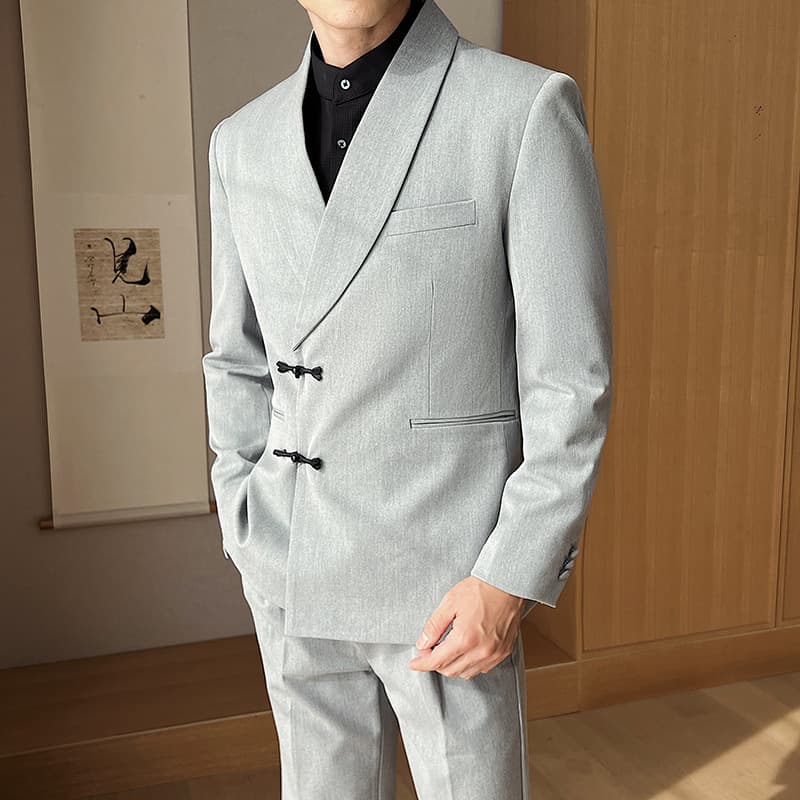 New Chinese Style Casual Retro Buttoned Suit Set for Men, Shawl Collar Banquet Suit Two-Piece LJT953-P243