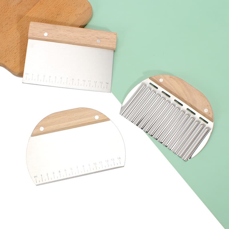 Stainless Steel Dough Cutter with Oak Handle, Crinkle Cut Potato Slicer, Baking Scraper, Flour Cutter, Wave Potato Slicer