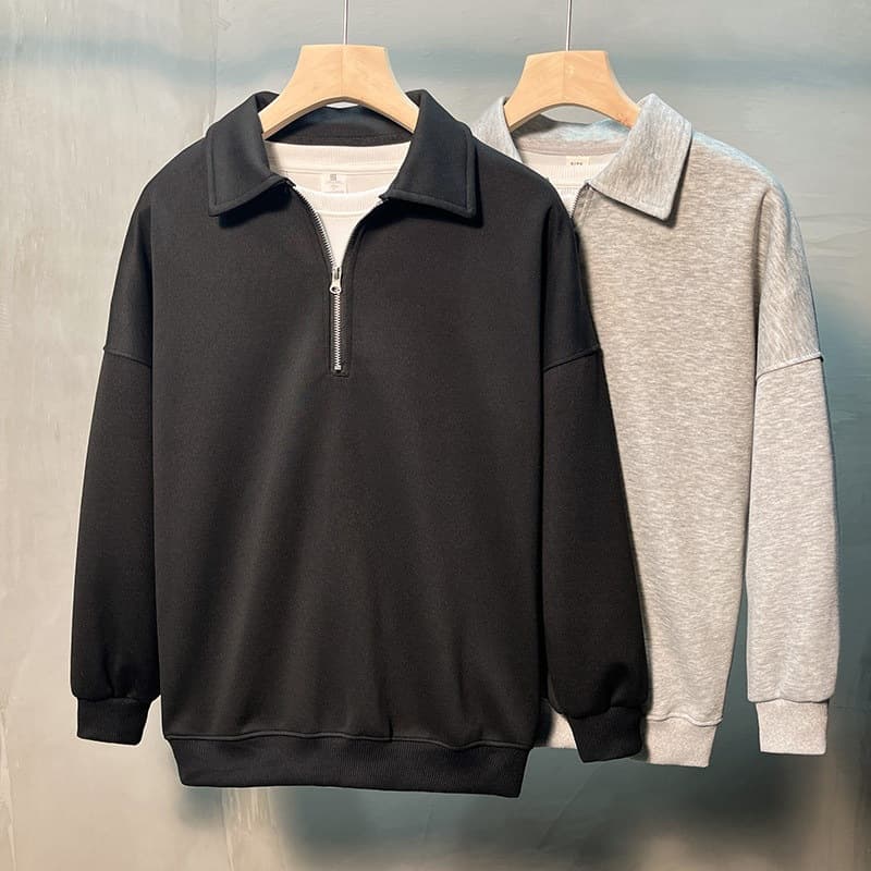 Men's Spring Autumn Casual Premium Half-Trend Zip Solid Color Cardigan Sweatshirt Long Sleeve Inner Layer Lapel