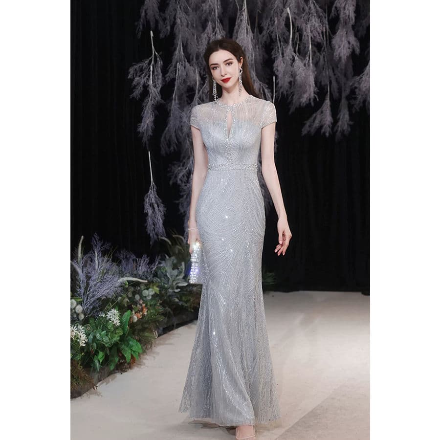 Silver Gray Fishtail Banquet Piano Performance Catwalk Host Chorus Wedding Evening Gown Fairy Simple