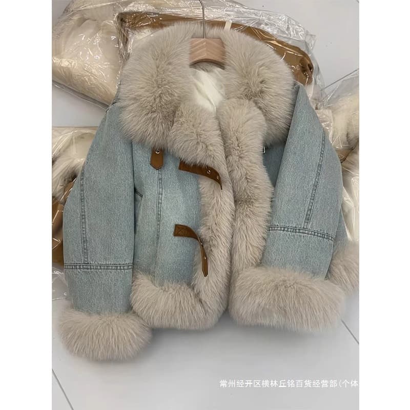 2025 Korean-style Design Fur Collar Blue Denim Jacket Fashion Lined Thick Down Coat Warm Fleece Overcoat
