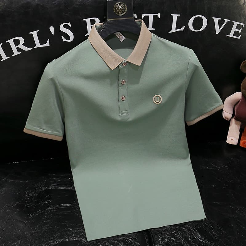 2026 Summer Ice Silk High-End Embroidered Polo Shirt British Men's Slim Fit Short Sleeve Contrast Color Turn-Down Collar T-Shirt