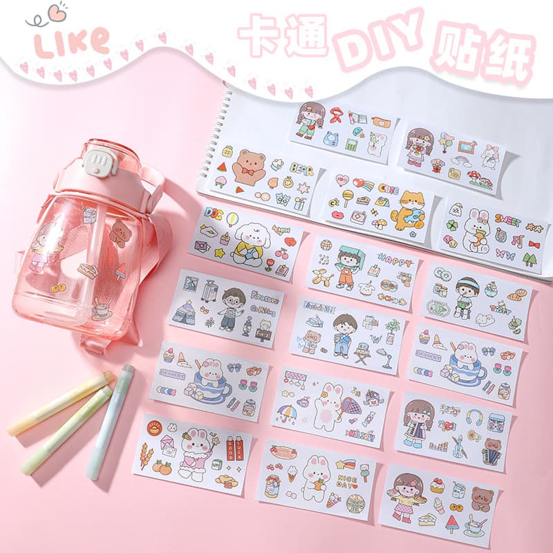 Scrapbook Stickers Guka Cute Cartoon Waterproof Transparent Stickers for Girls Plastic Cup Stationery Water Bottle Sticker Wholesale